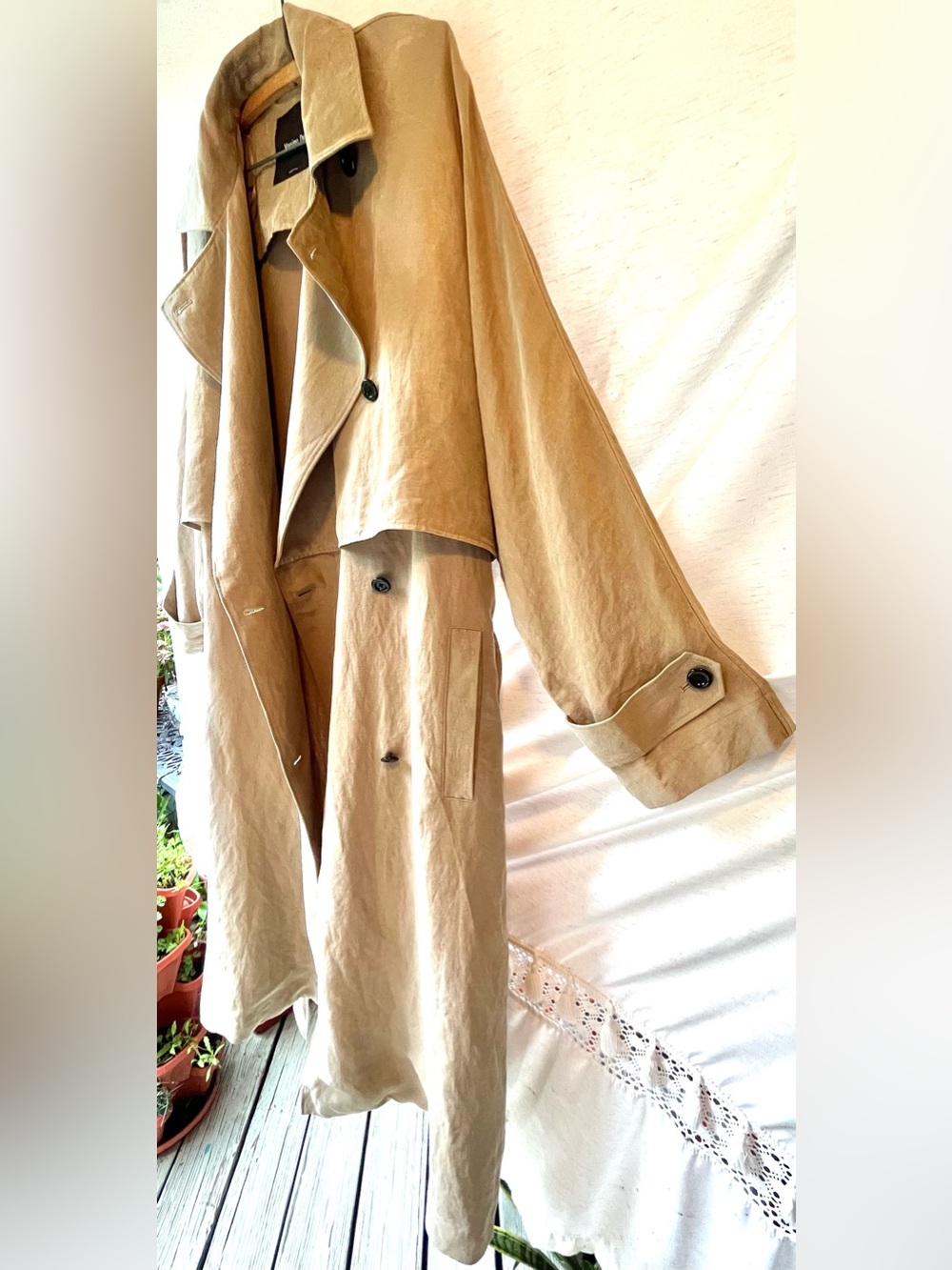 Massimo Dutti Linen Blend Trench Coat Notched Lapel Collar w Belt Detail Large - Picture 11 of 15